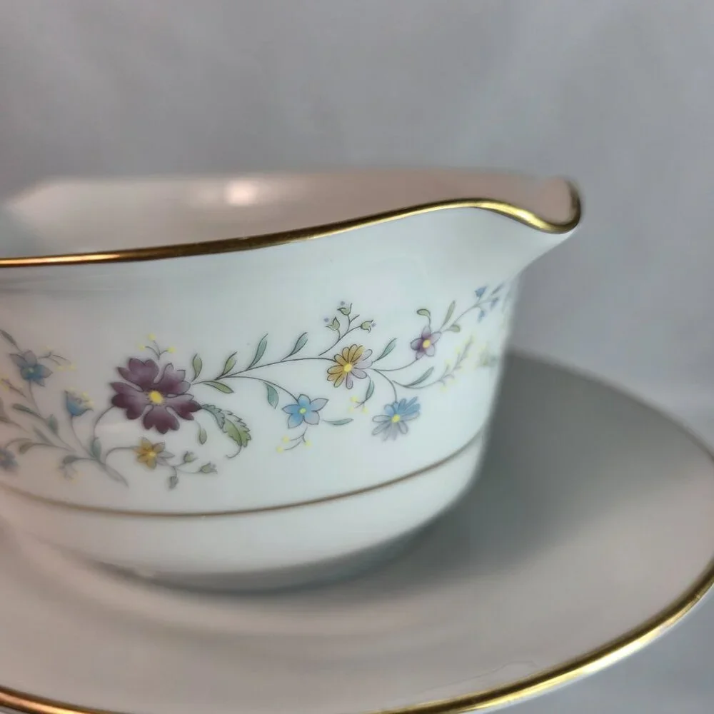 Noritake Longwood #2485 Gravy Boat with Underplate Purple, Blue & Yellow Flowers